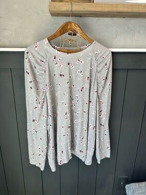 Liz Claiborne Light Heathered Gray Top Pink White Florals Balloon Sleeve 4X